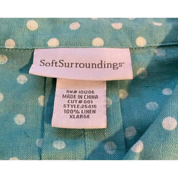 Soft Surroundings Women’s XL Button-Up Green White Polka Dot Linen Top Career - Picture 5 of 9